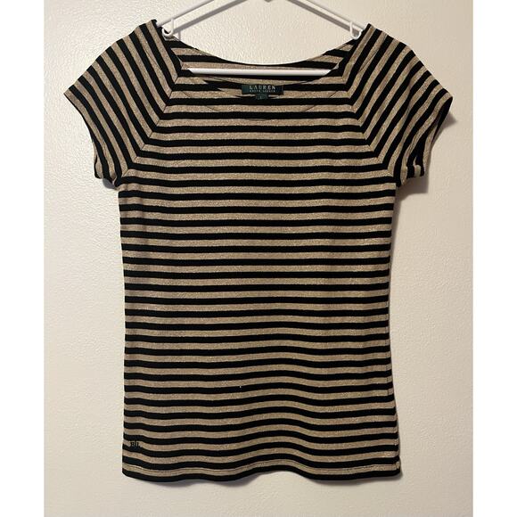 Lauren Ralph Lauren Shirt Women’s Large Black Gold Metallic Striped Stretch Top - Picture 1 of 8